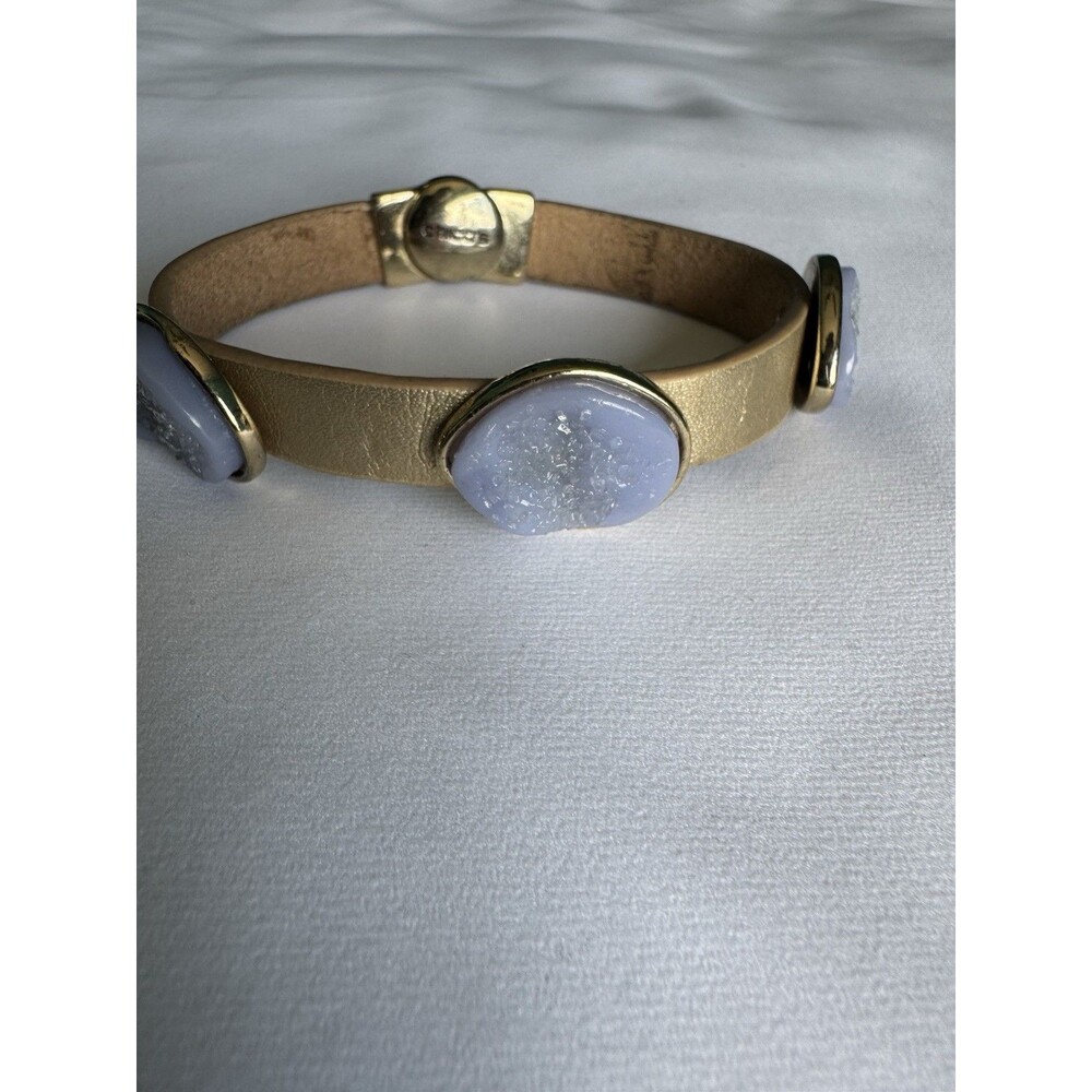 Chico's Gold Leather Druzy Bracelet Lavender Blue Statement Jewelry Coastal Boho - Picture 4 of 5
